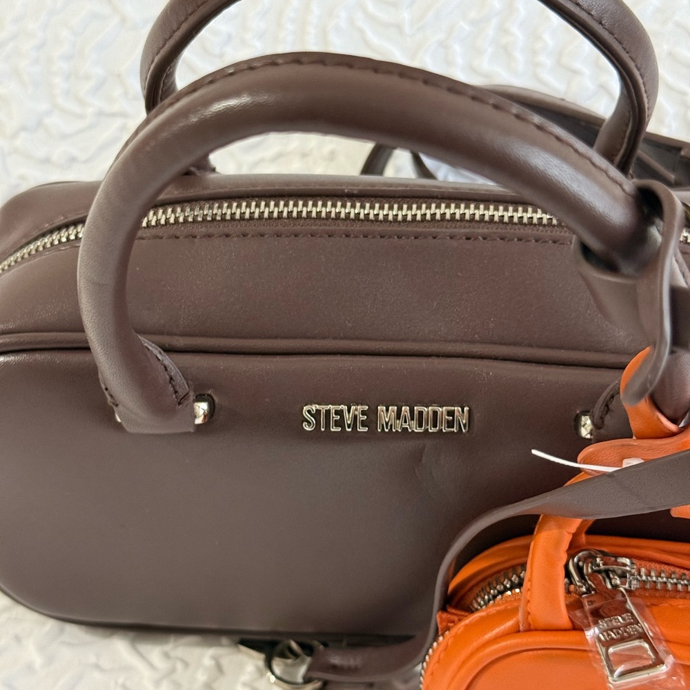 Steve Madden Chocolate Brown Crossbody Bag with Orange Micro-Bag Charm